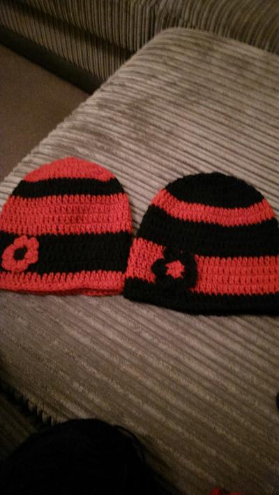 black and red beanies for two girls - Project by maggie craig