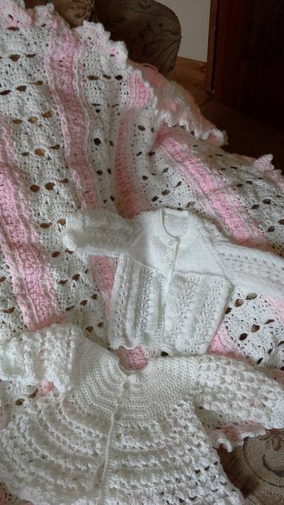 afghan in pink n white and knitted and crotchet matinee - Project by evepudding