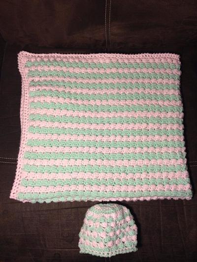 Pink and Green Baby Blanket with Matching Hat - Project by CharlenesCreations 