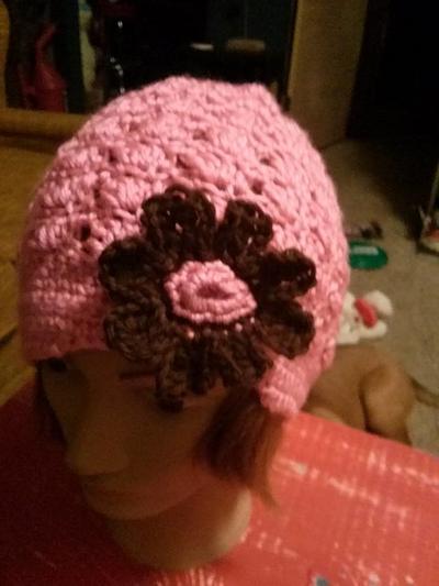 Stitches week 1  pink and brown girls hat - Project by Sam Remesz