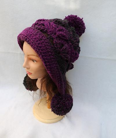 Frozen Snow Hat in Lion Brand Scarfie Yarn.  Magenta/Charcoal - Project by Donelda's Creations