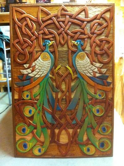 Celtic hand carved twin peacock panel  - Project by Carver