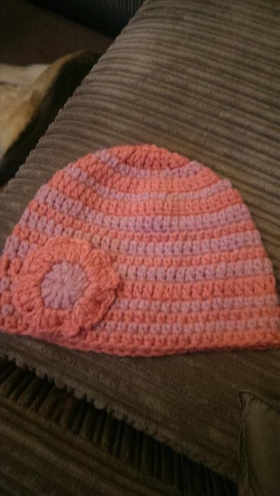 stripey beanie with flower - Project by maggie craig