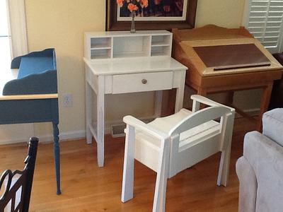 White writing desk with chair, storage in bottom of chair. - Project by Jack King