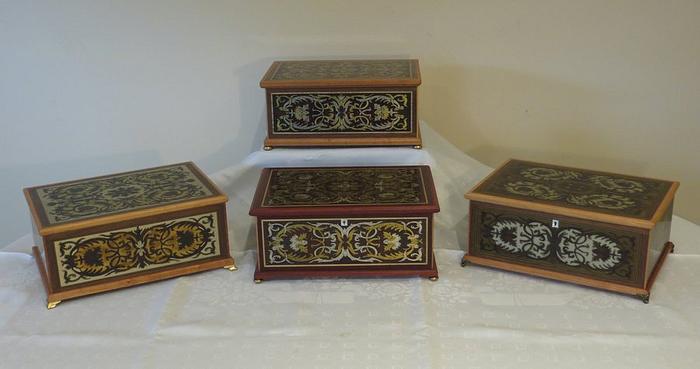 Karen, Charlotte, Martha and Mattie - four Boulle style marquetry boxes