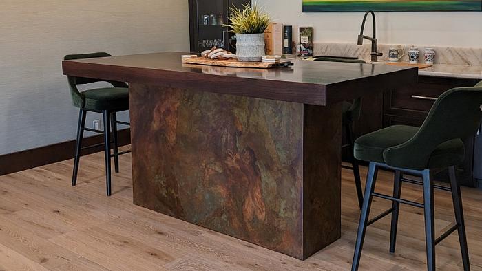 Bar Height Table with Steel Patinated Base