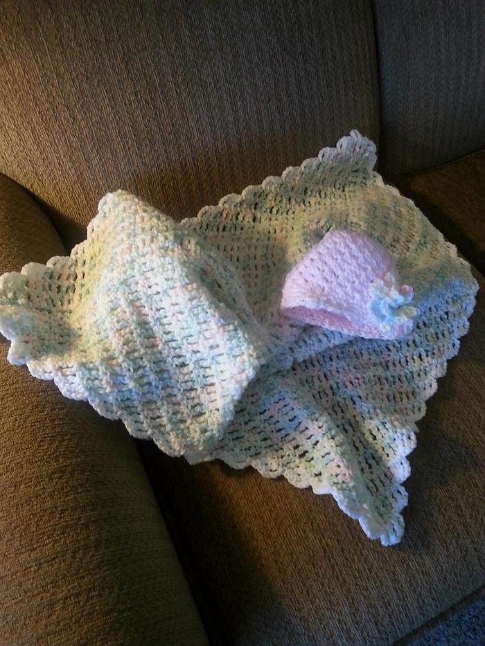 Crochet cottage baby blanket with matching butterfly stitch baby hat