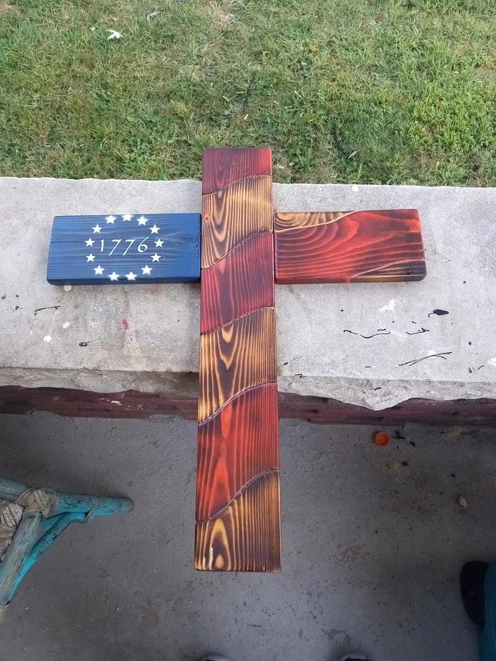 1776 burnt American flag cross.