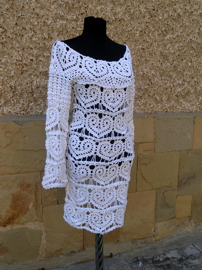 Crochet White Dress, Wedding Lace Dress, Hearts Dress, Lace Wedding Dress, Cocktail Crochet Dress