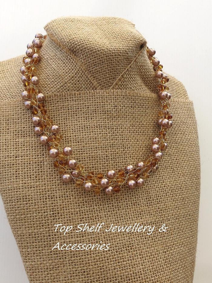 Champagne Pearl Crochet Wire and Beaded Necklace