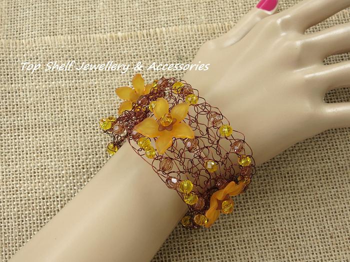 Crochet wire and beaded flower Cuff Bracelet