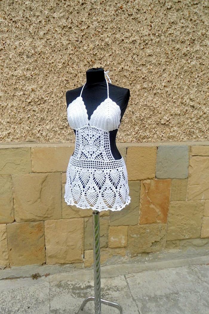 Crochet Cover up, Beach Dress, White Beach Wear, Sexy Bra, Crochet Bikini Top, 