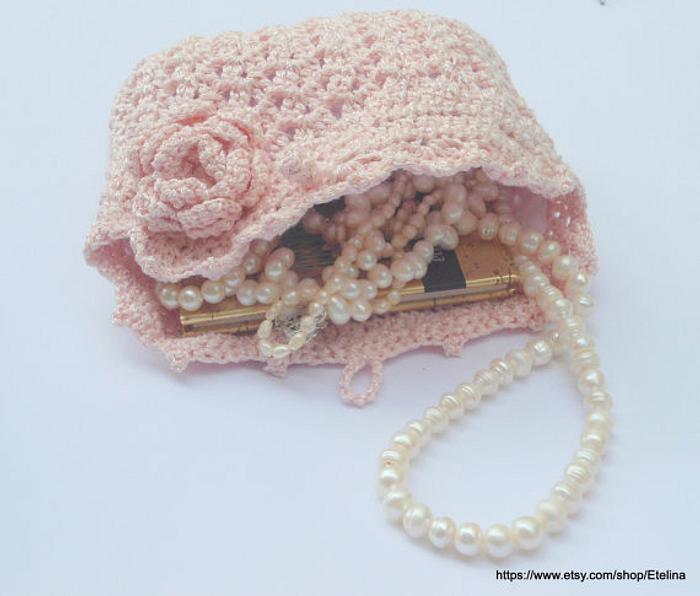 Light Pink Crochet Bag, Wedding Bridal Purse Flower Pin