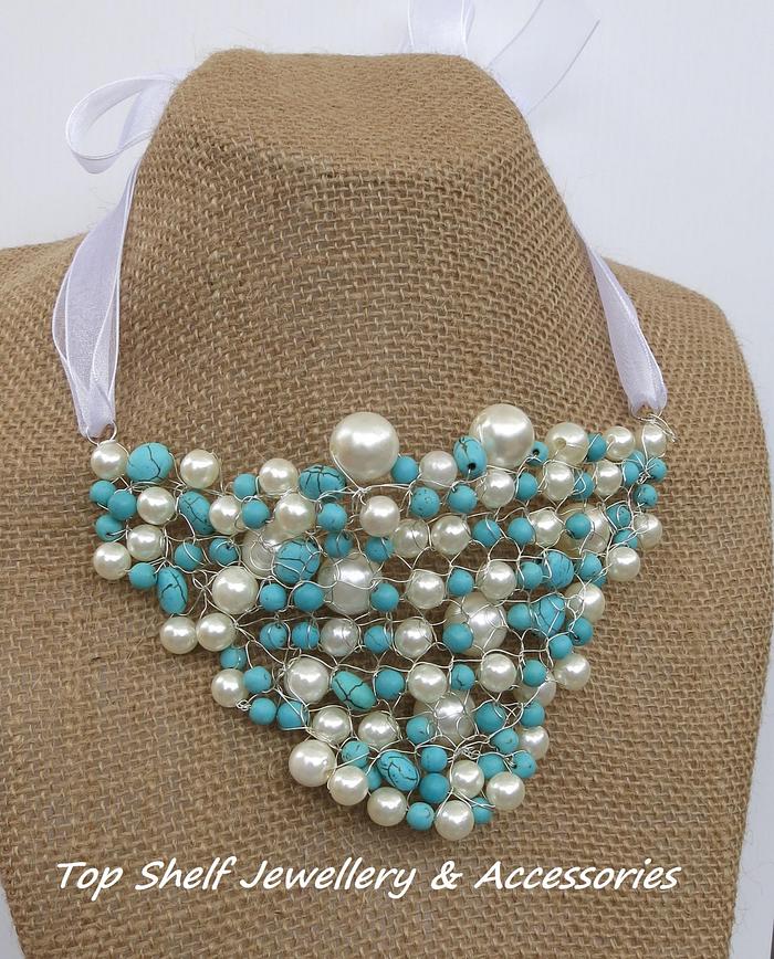 Turquoise and Pearl Crochet Wire and Beaded Bib Necklace