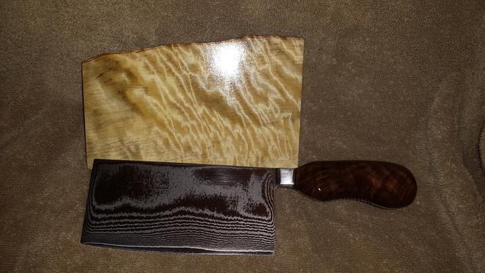 Damascus cleaver and knife block.