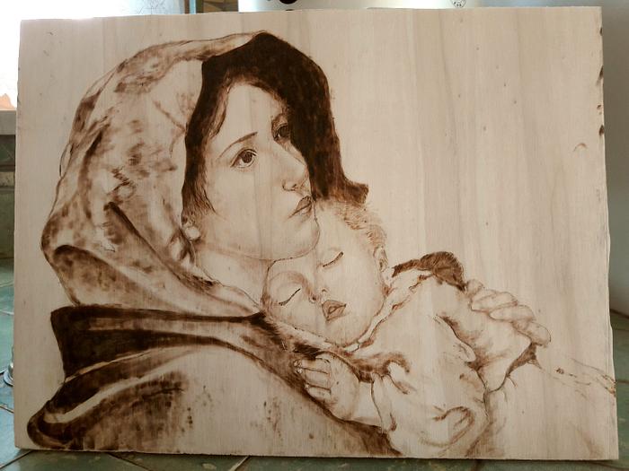 virgin with child, pyrography on Poplar