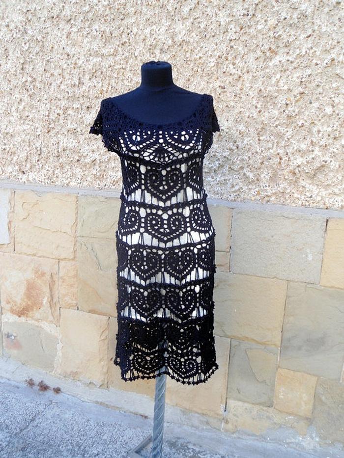 Black Crochet Dress, Little Black  Dress, Lace Wedding Dress, Hearts Motif,  Handmade Dress