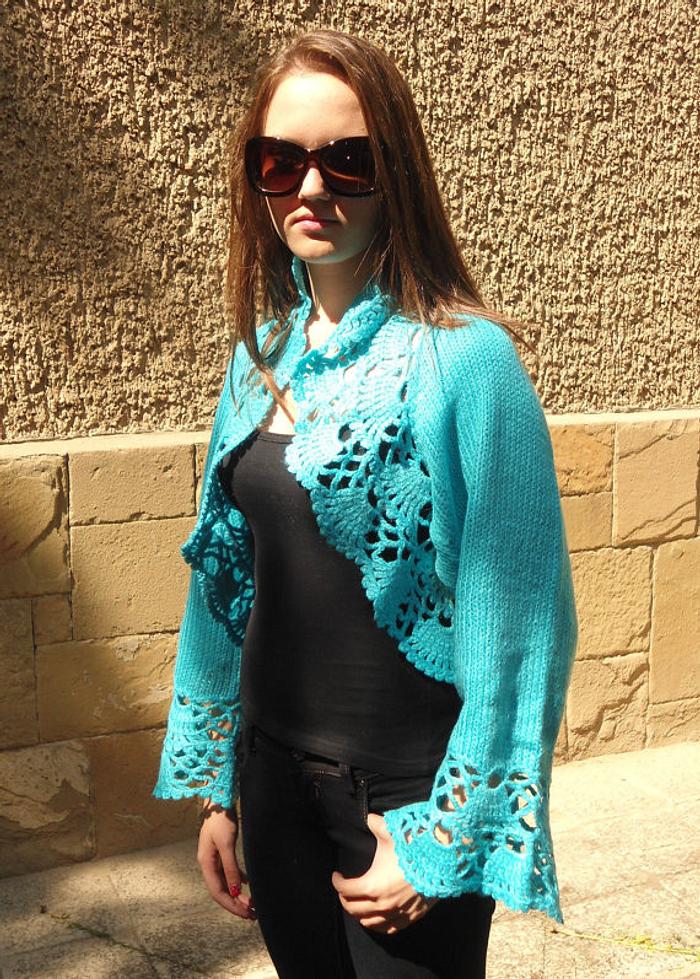 Knitted Turquoise Shrug, Long Sleeves Bolero, Turquoise Bolero, Delicate Romantic, Lace Chic