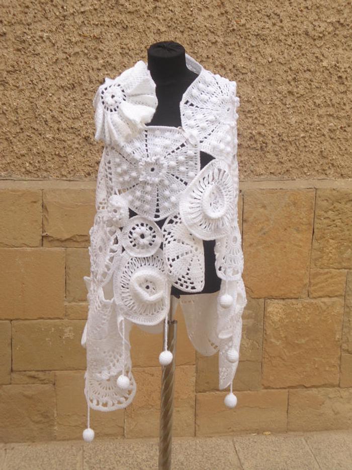 Crochet Wedding Shawl, Cape White Medallion Medley, Elegant Fashion Scarf, Shawl gift for Women