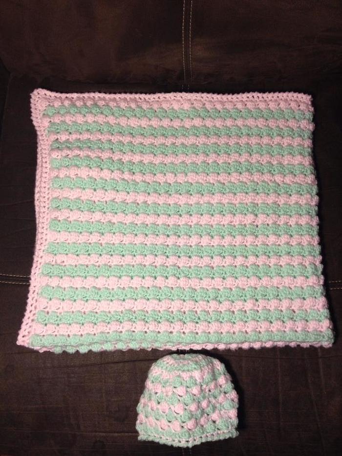 Pink and Green Baby Blanket with Matching Hat