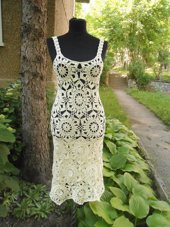 Crochet Dress, Summer Lace Dress, Lace Champagne Dress, Exclusive Handmade Dress