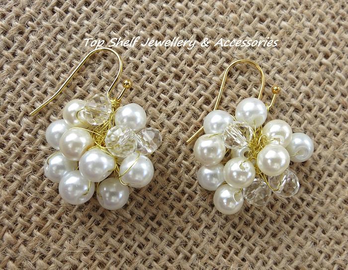 Crochet wire and beaded pearl and clear earrings