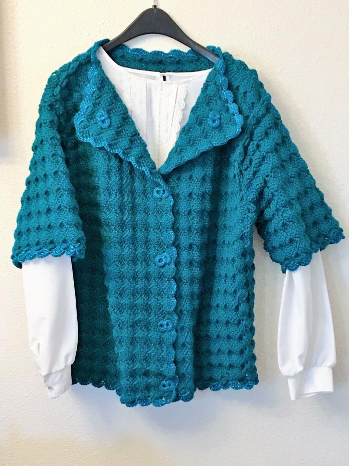 Ladies Teal Shell Stitch Cardigan and Skirt