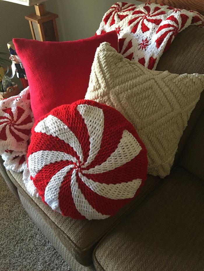 Crocheted peppermint pillow