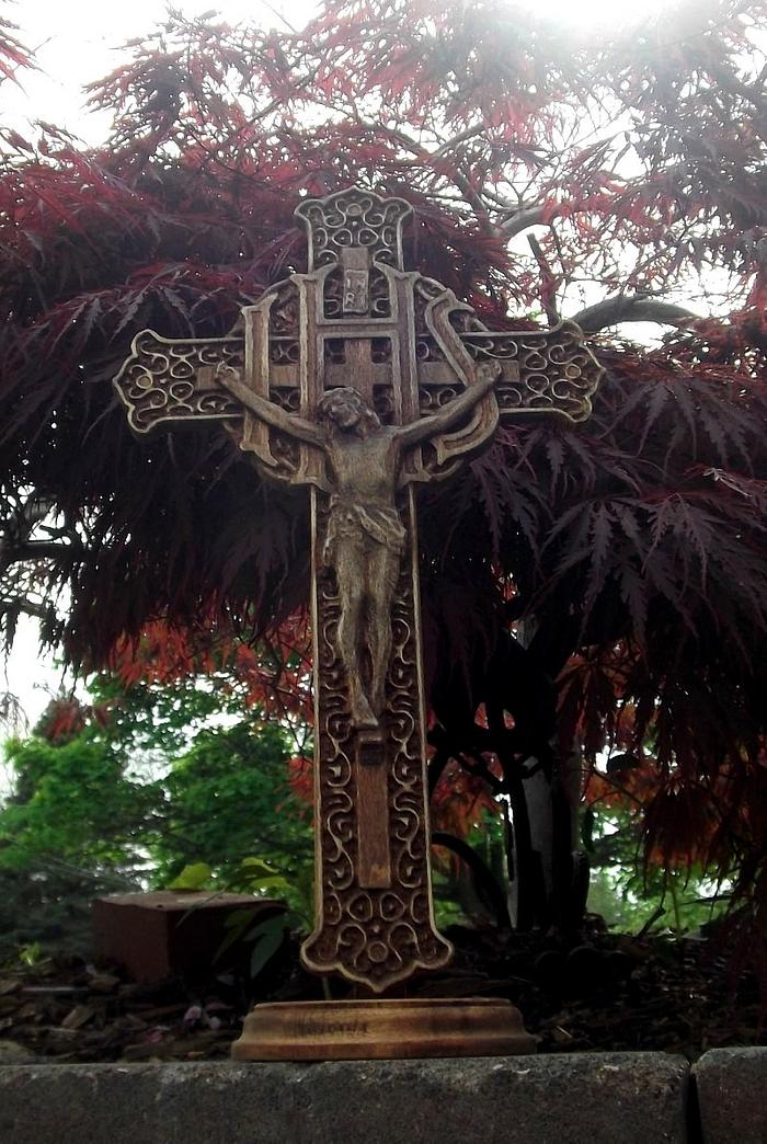 carved wooden cross on stand (rustic)