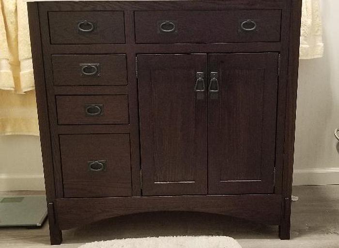 Arts and crafts style vanity and conforming med cabinet and shelf