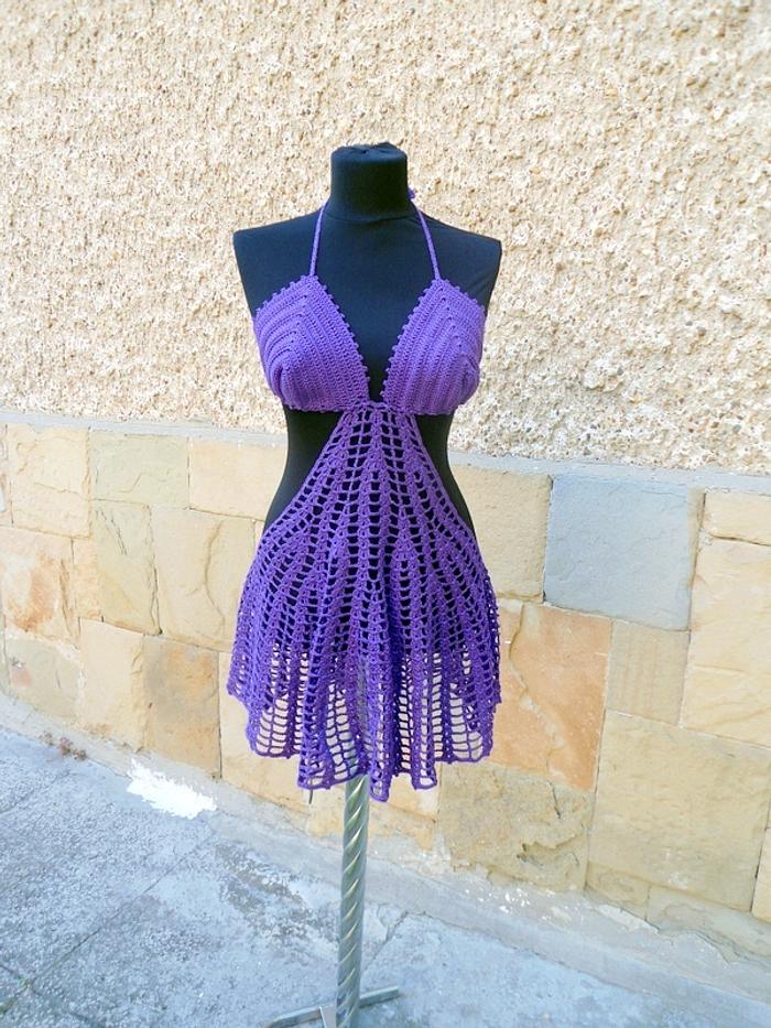 Purple Lace Beach Dress, Crochet Skirt Boho Tunic, Fashion Dress Cover Up, Cotton Cover Tunic