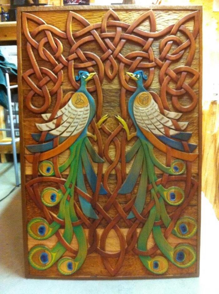 Celtic hand carved twin peacock panel 