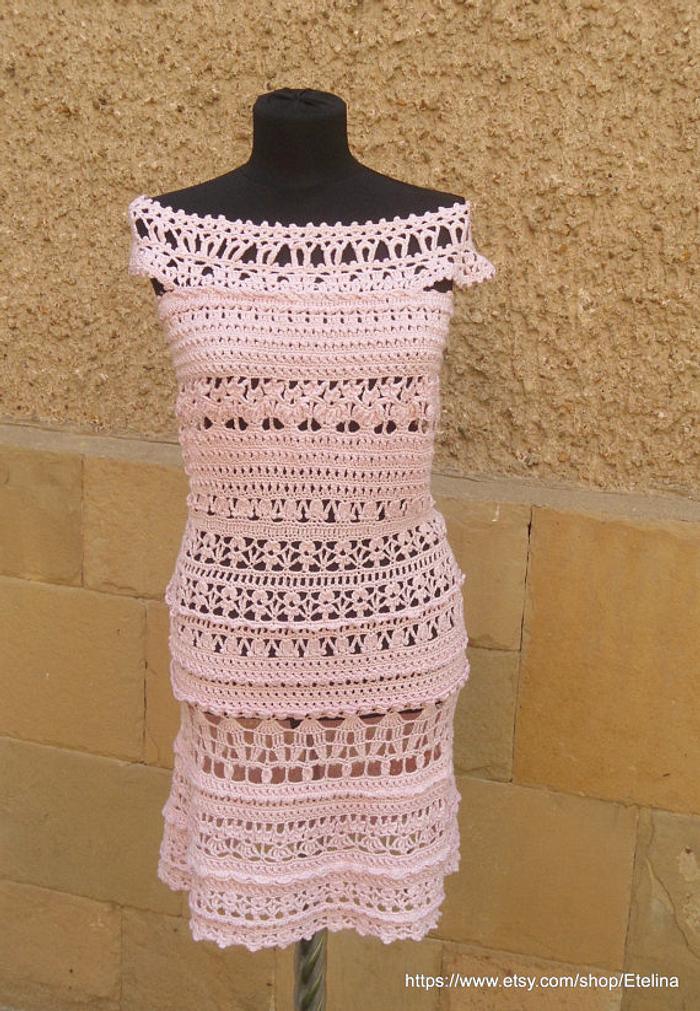 Crochet Dress, Light Pink Crochet Dress, Crochet Cocktail Dress, Exclusive Handmade 
