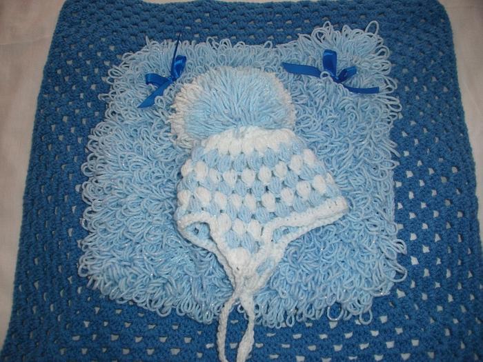 Crochet and Knitted Loopy Blanket and crochet hat