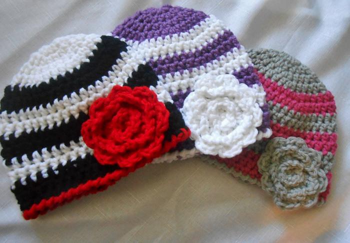 Striped Baby Beanies With Flowers