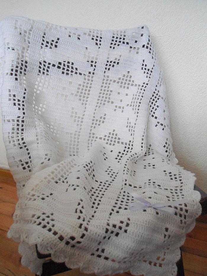 Crochet Baby Blanket, Teddy Bear Blanket, White Crochet Baby Blanket, Christening