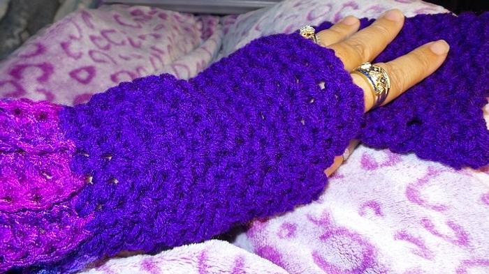 Purple Hat and Fingerless Gloves