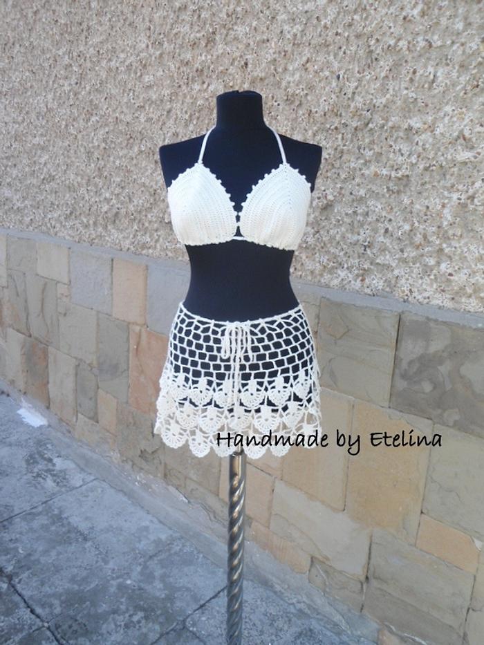 Crochet Beach Set, Crochet Skirt, Lacy Top, Summer Lace Suit, Resort Cover up,  Beachwear Bra