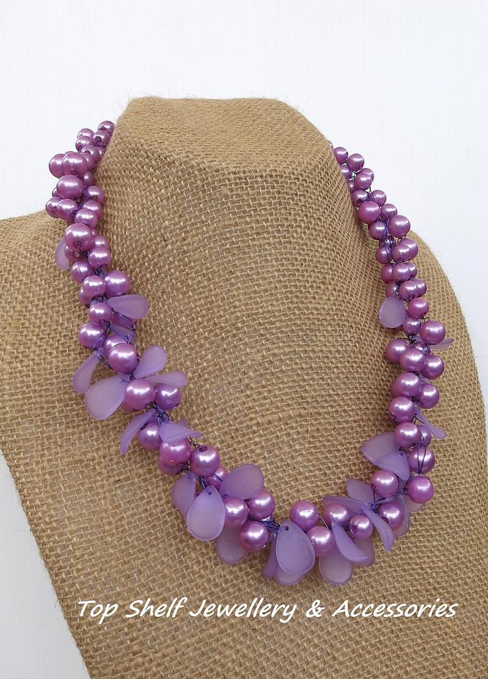 Purple Petal Crochet Wire and Beaded Necklace