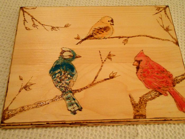 Three Birds Pyrography Art with Watercolor
