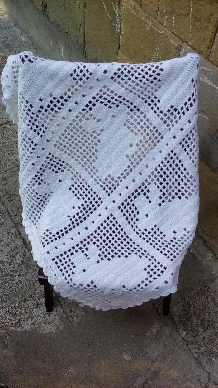 Filet Crochet Bunny Blanket, Crochet Baby Blanket, White Baby Afghan
