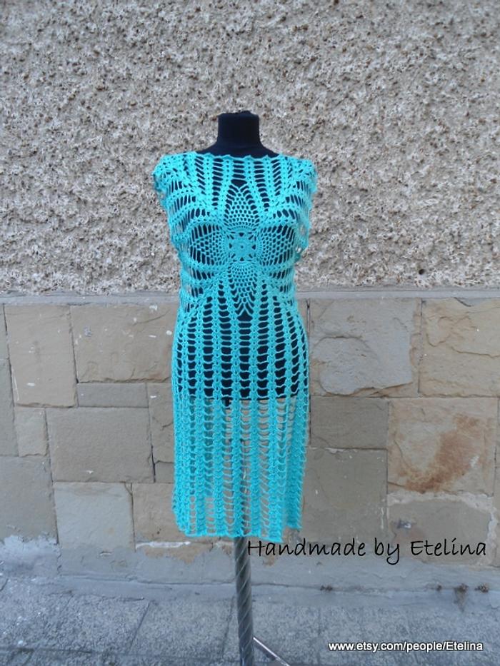 Aqua Blue Dress, Crochet Turquoise Beach Dress, Aqua Tunic Crochet, Summer Beach Dress, 